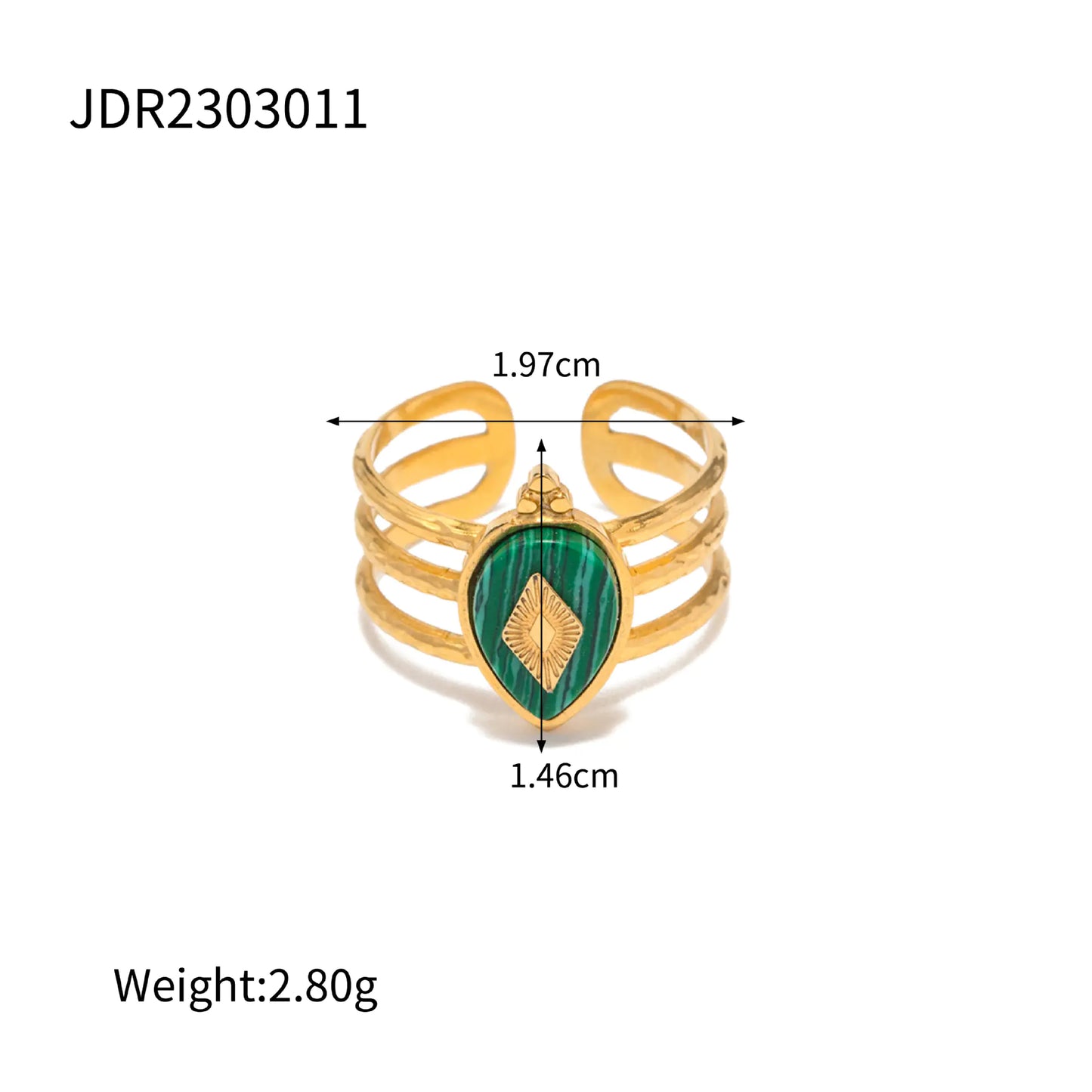 Gold ring with green gemstone and measurements on a white background