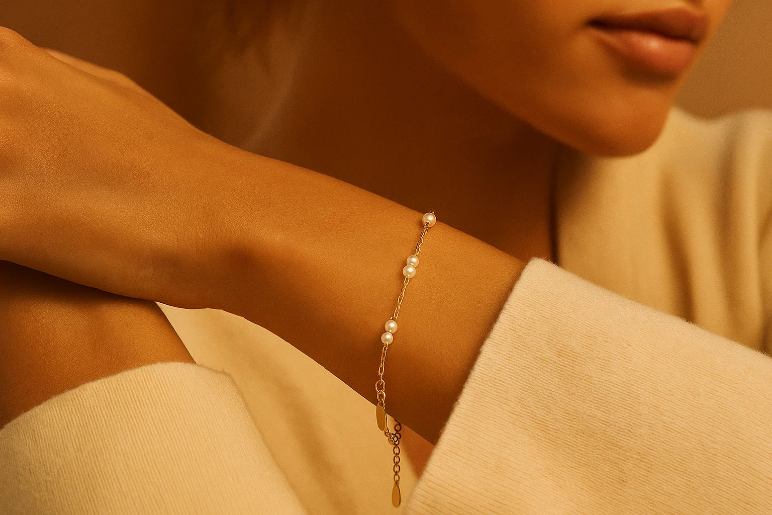 Close-up of a person wearing a delicate bracelet with small pearls on a neutral background